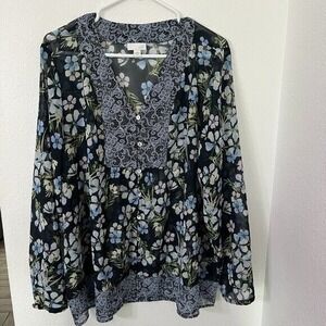J.Jill Blouse Sheer Navy Floral Mother of Pearl Buttons Long Sleeve V-neck Sz XL